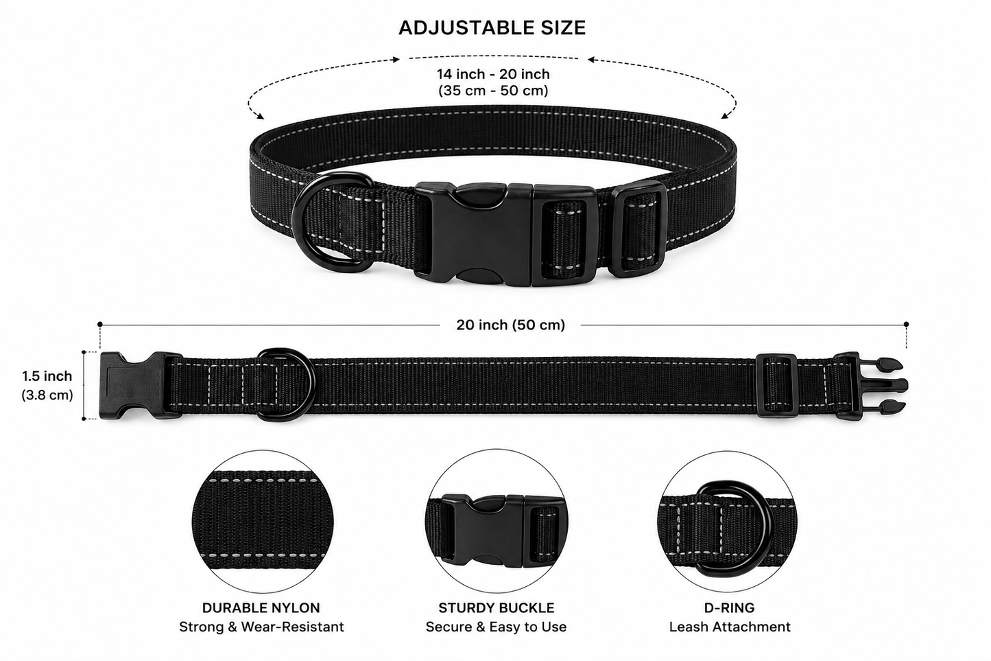 Reflective Adjustable Dog Collar – Nylon With Quick-Release